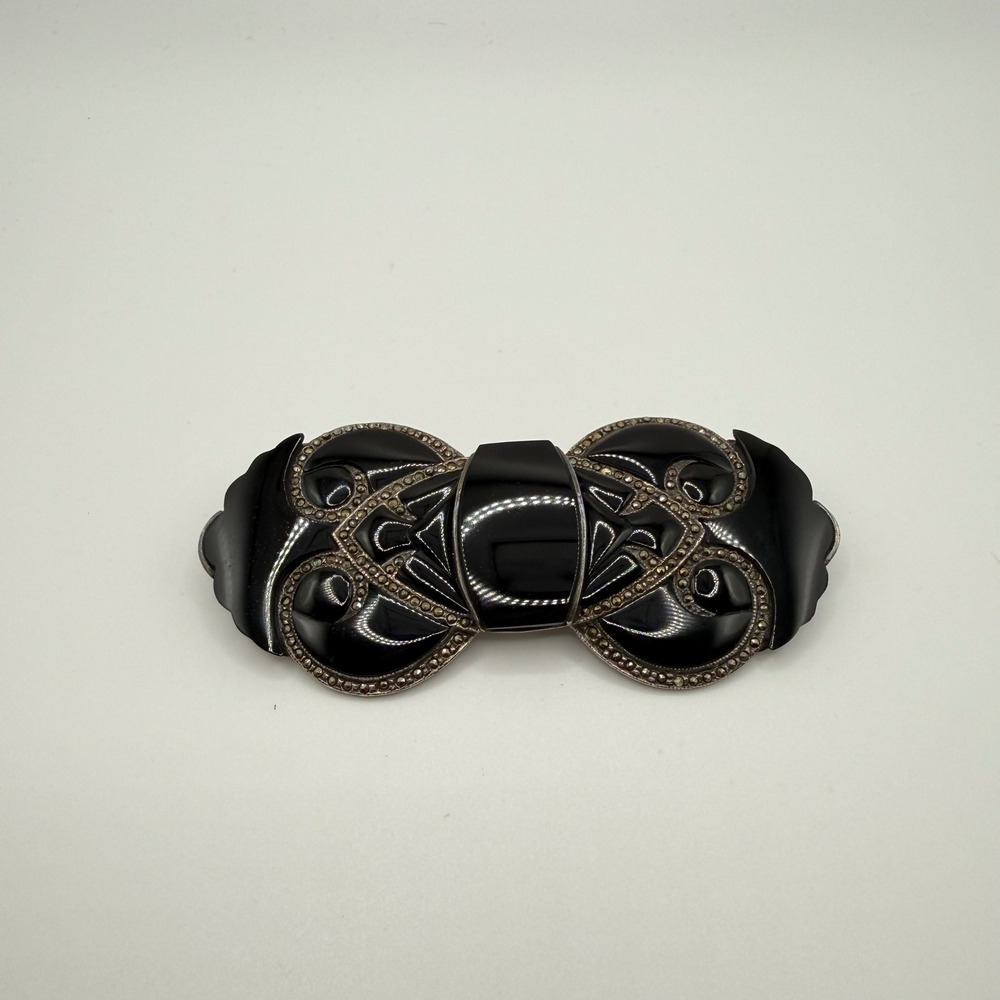 Vintage‎ Art Deco Sterling Silver 925 Marcasite Black Onyx Bow Brooch Pin